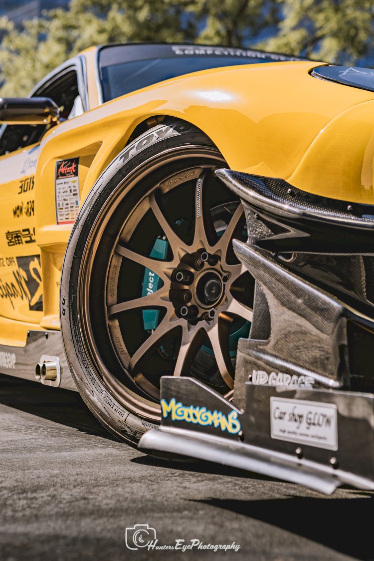 The front wheel on A 1993 Mazda RX-7 