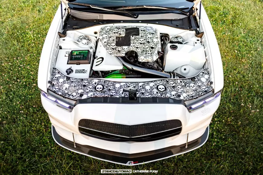 Engine bay of a Dodge Charger finished in Hydro-dip