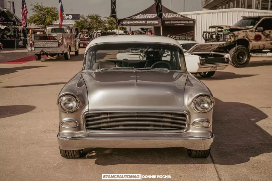 front of a 1955 Chevrolet Bel Air: Street Rod shot by stance auto magazine