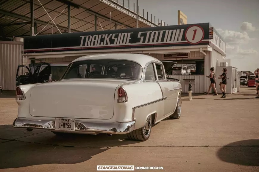 rear view of a 1955 Chevrolet Bel Air: Street Rod shot by stance auto magazine