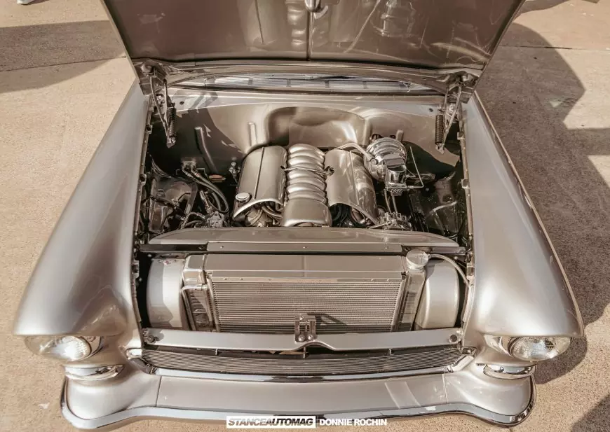 immaculate engine bay of a 1955 Chevrolet Bel Air: Street Rod shot by stance auto magazine