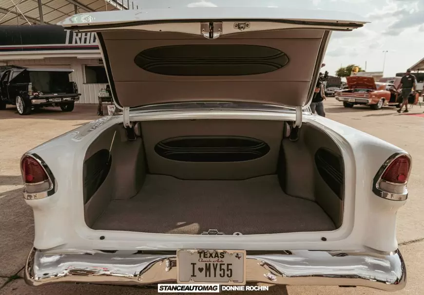 A view of the boot on a 1955 Chevrolet Bel Air: Street Rod shot by stance auto magazine