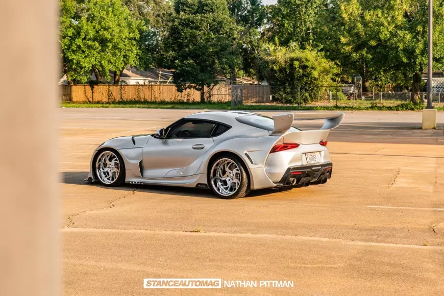 The side shot showing the Pandem body kit on a 2021 Toyota Supra Premium Edition shot by Stance Auto Magazine Photogrpahers