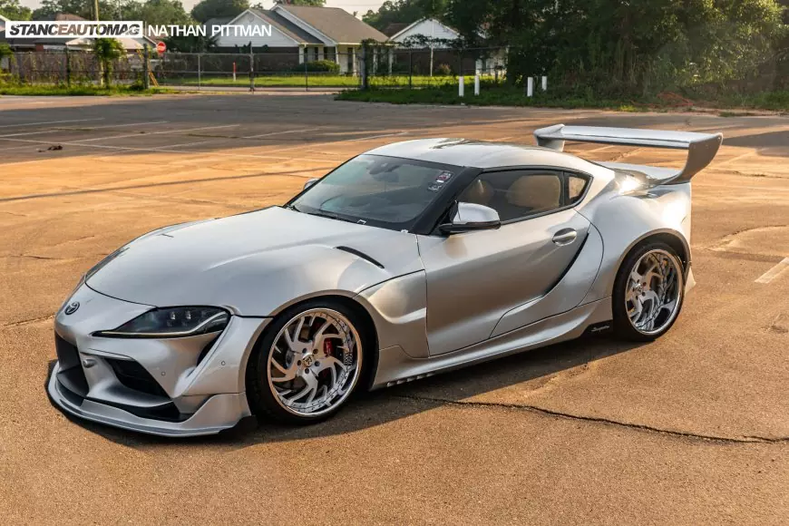 Side shot showing the Pandem kit on a 2021 Toyota Supra Premium Edition shot by Stance Auto Magazine Photogrpahers