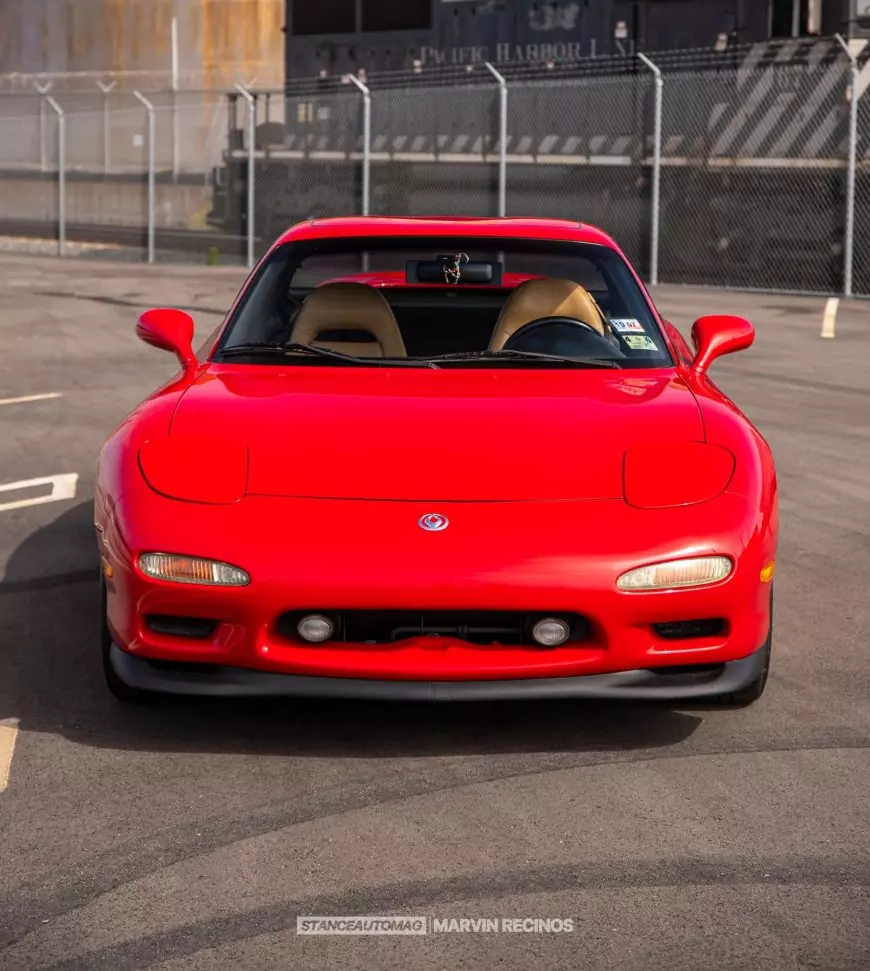 The front of a red 1995 Mazda RX7 FD shot by Stance Auto Magazine Photographers
