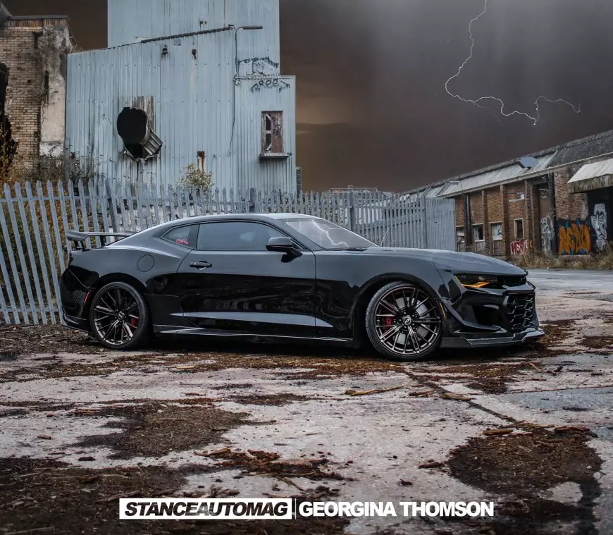 Side shot of A Chevrolet Camaro ZL1 shot by Stance Auto Magazine Photographers with a lightening effect background