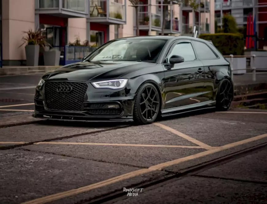 Black Audi A3 lowered with Air Suspension, featured on Stance Auto Magazine