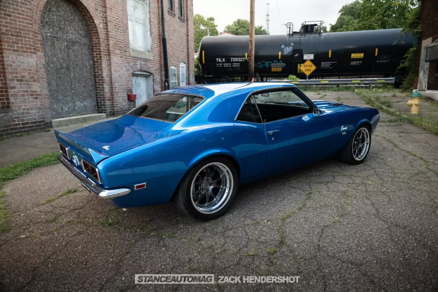 The rear shot of a 1968 Chevy Camaro SS shot by stance auto magazine photographers