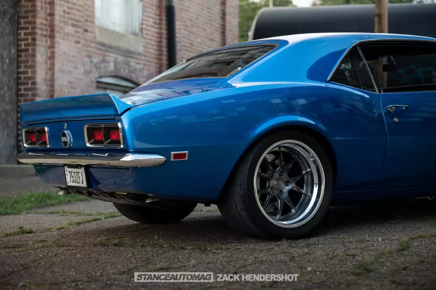 Rear wheel shot of a 1968 Chevy Camaro SS shot by stance auto magazine photographers