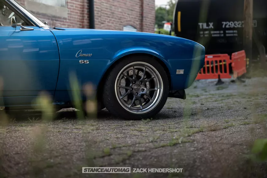 Front wheel shot of a 1968 Chevy Camaro SS shot by stance auto magazine photographers