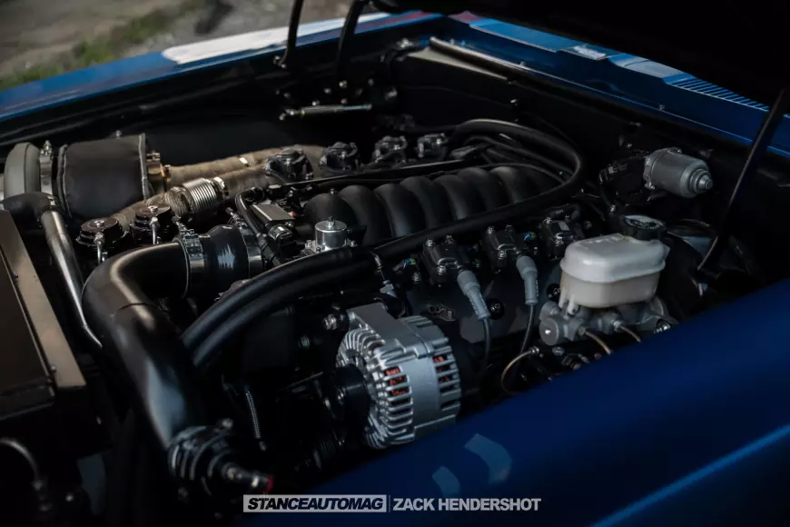 The engine bay of a Chevy camaro shot by stance auto magazine photographers