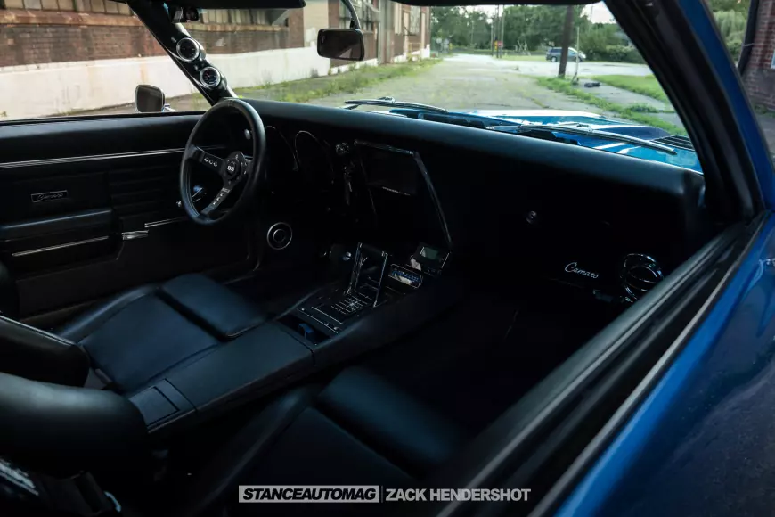 Interior of a 1968 Chevy Camaro SS shot by stance auto magazine photographers