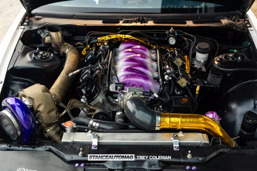 Turbo and Engine bay set up on a Bissan shot by stance auto magazine photographers