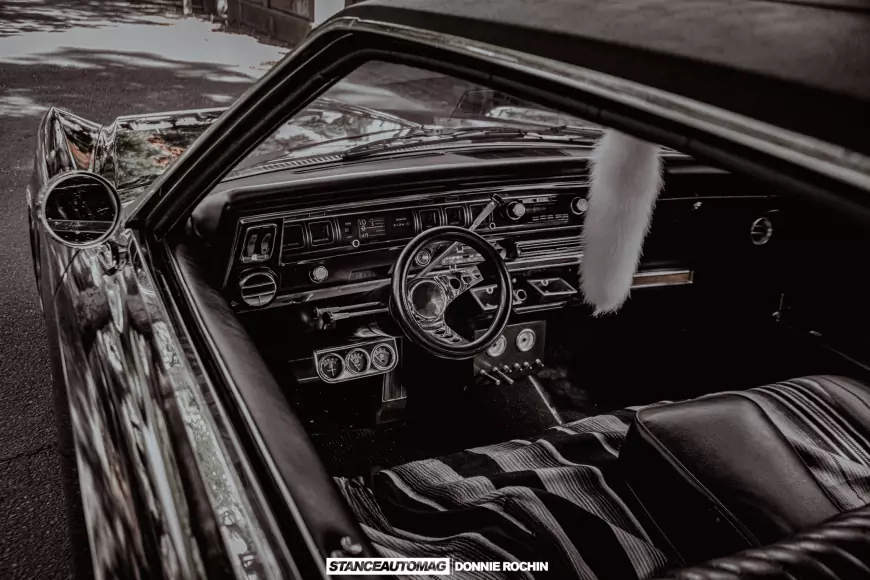 The interior of a lowrider 1967 Buick Riviera 'Deathwish'  shot by stance auto magazine photogrpahers