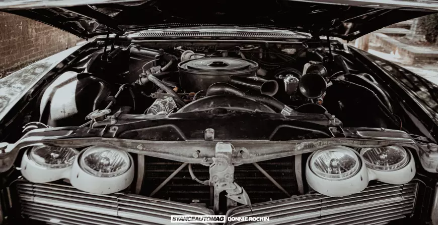 The engine bay of a lowrider 1967 Buick Riviera 'Deathwish'  shot by stance auto magazine photogrpahers