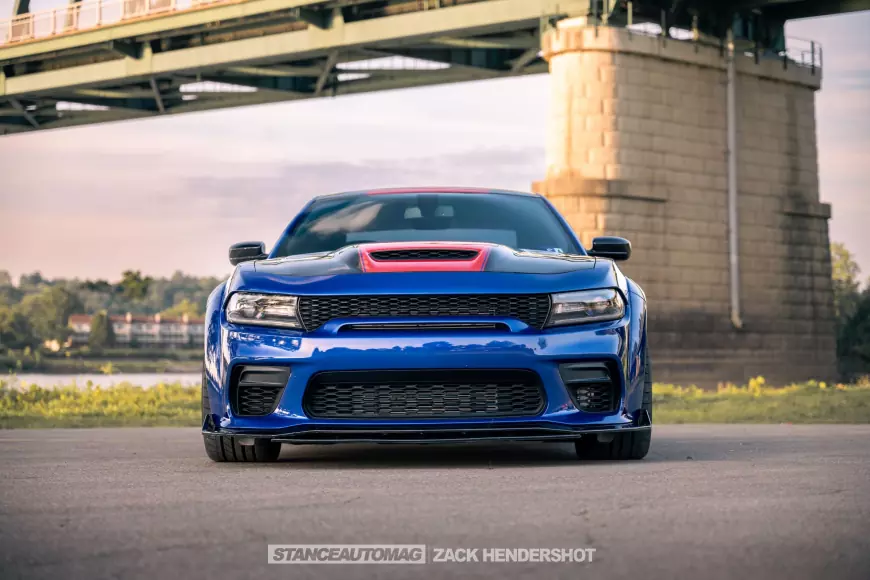 The front of a 2021 Charger Hellcat Redeye Widebody shot by stance auto magazine photographers