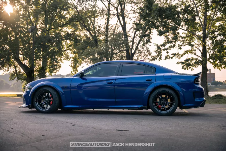 Side shot of a 2021 Charger Hellcat Redeye Widebody shot by stance auto magazine photographers
