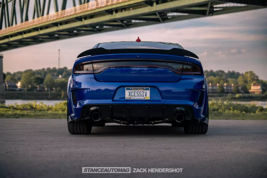 Rear end shot of a 2021 Charger Hellcat Redeye Widebody shot by stance auto magazine photographers