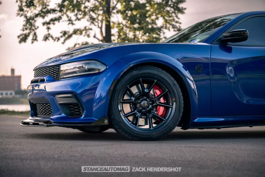 Shot showing the wheels of a 2021 Charger Hellcat Redeye Widebody shot by stance auto magazine photographers