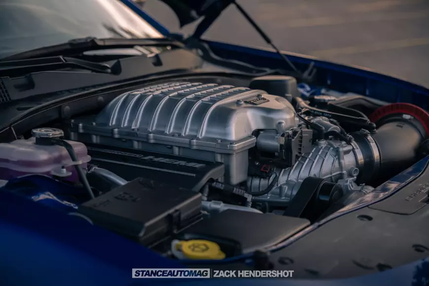Shot of the engine bayof a 2021 Charger Hellcat Redeye Widebody shot by stance auto magazine photographers