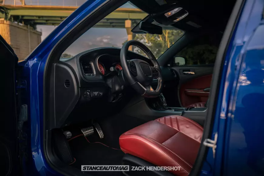 The interior of a 2021 Charger Hellcat Redeye Widebody shot by stance auto magazine photographers