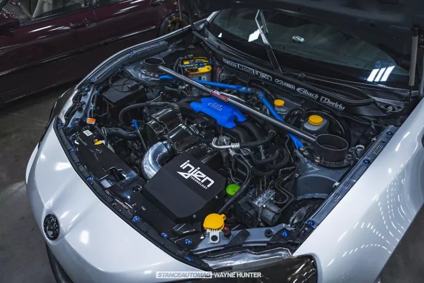 GT engine in a silver car shot by stance auto magazine photogrpahers