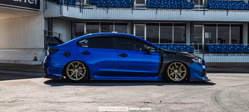 Side shot of a Blue 2015 Subaru STI Launch Edition shot by stance auto magazine photographers