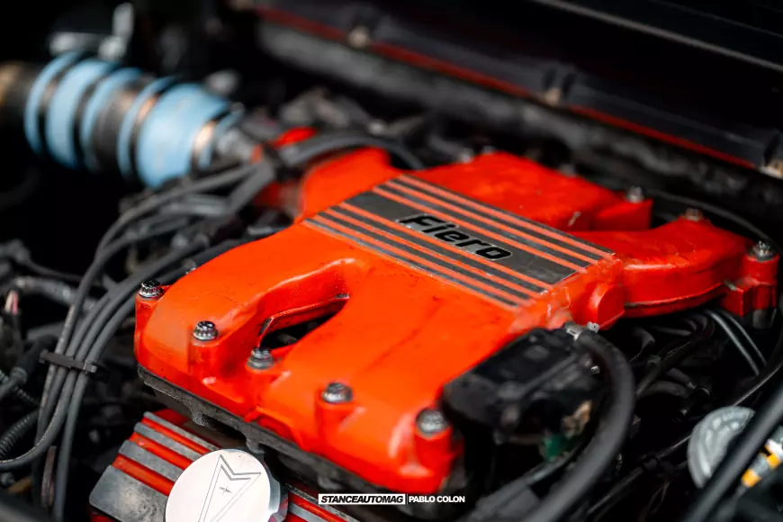 The engine on a 1986 Pontiac Fiero GT shot by stance auto magazine photographers