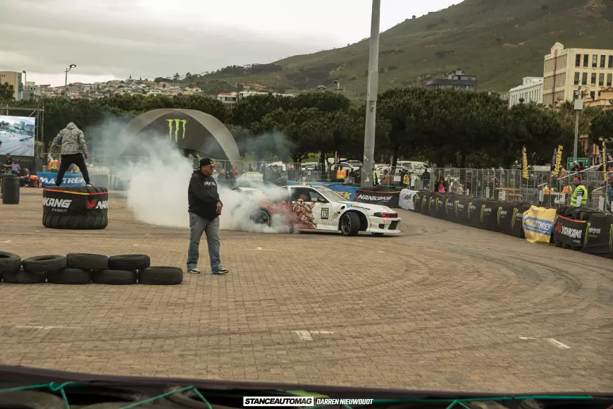 A car doing a burn out at a drift event in cape town