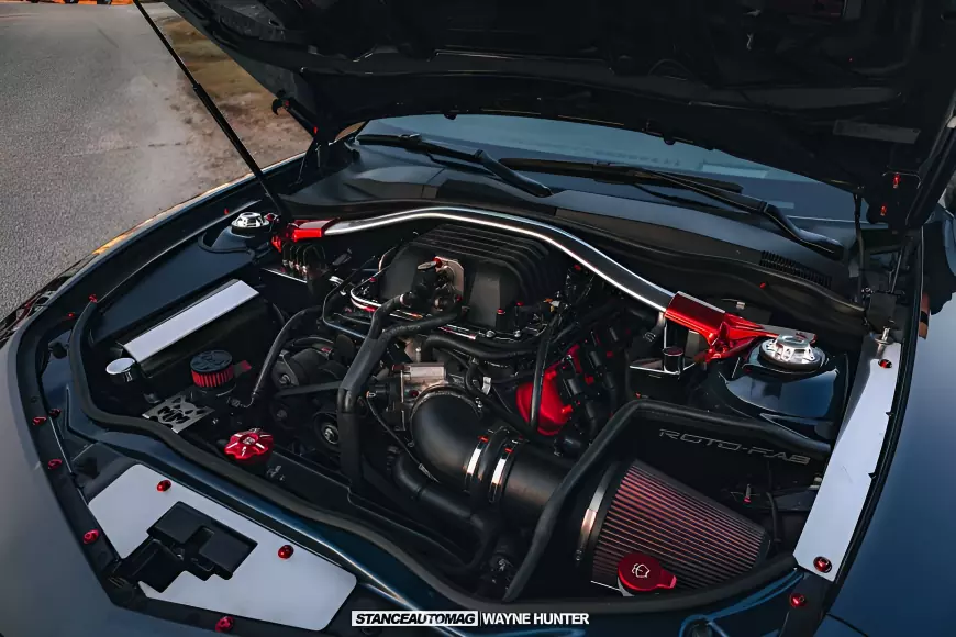 2014 Chevrolet Camaro ZL1  supercharger set up in the engine bay
