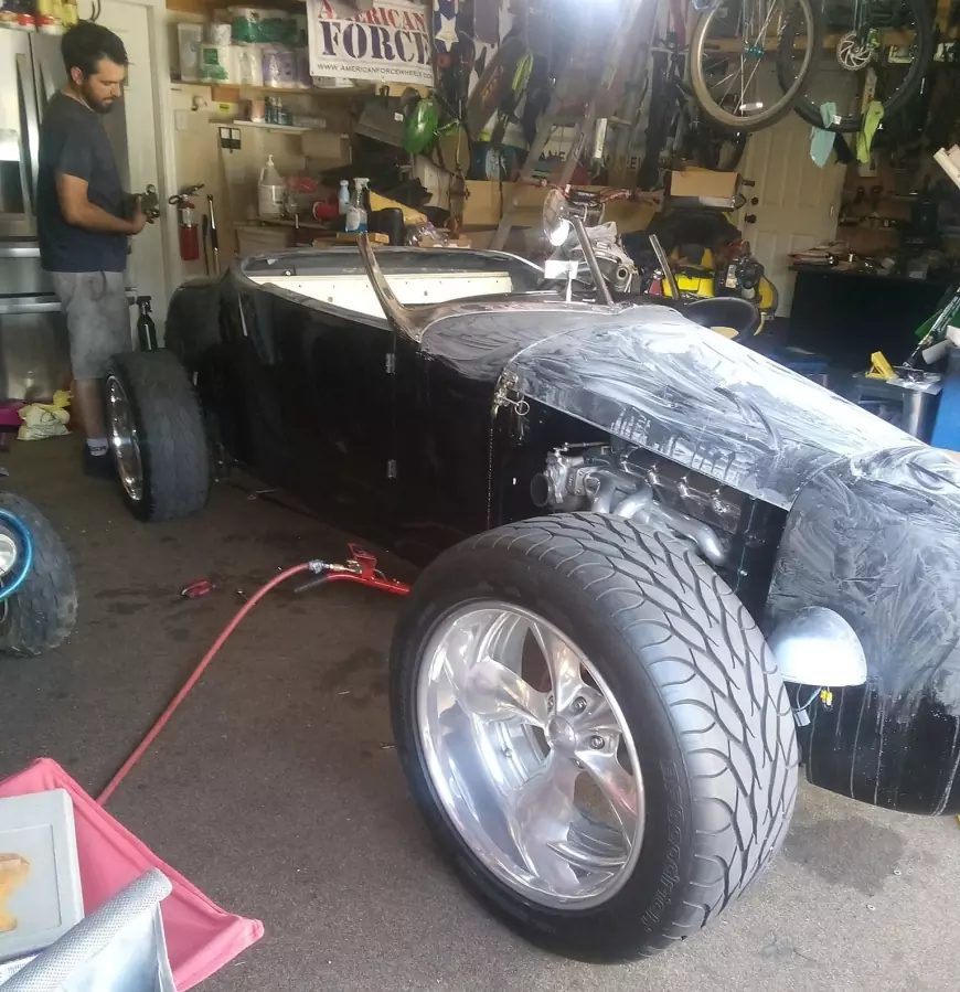 1927  Ford Track T Roadster - Black Tiger being worked on in the garage
