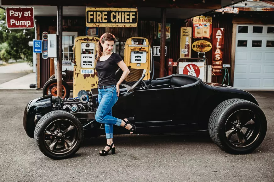 1927  Ford Track T Roadster - Black Tiger with Als wife modeling next to the car