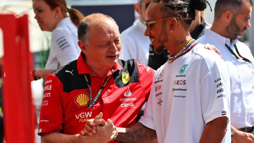 Ferrari's Frederic Vasseur and Lewis Hamilton. Pic: XBR/Alamy