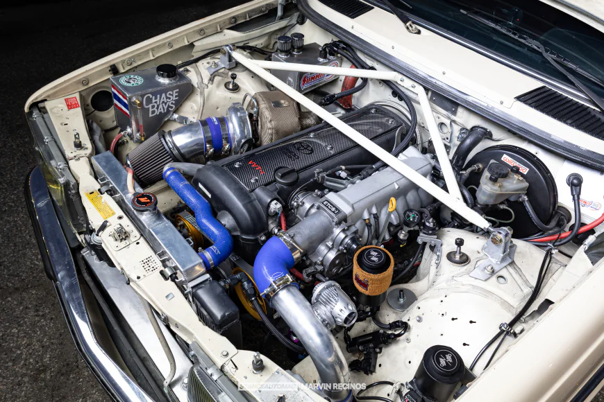 1985 W123 Mercedes Benz 300D  engine bay with 2jz engine