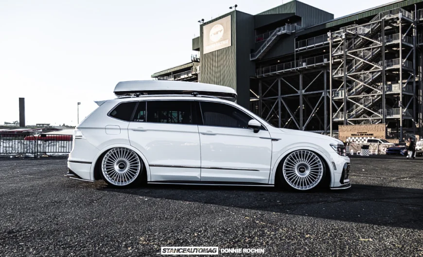 2020 Volkswagen Tiguan build Pure White Rotiform GRZ wheels air suspension custom trunk display