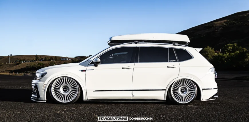 2020 Volkswagen Tiguan build Pure White Rotiform GRZ wheels air suspension custom trunk display
