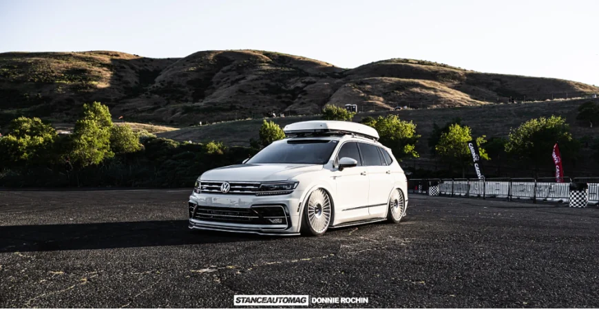 2020 Volkswagen Tiguan build Pure White Rotiform GRZ wheels air suspension custom trunk display