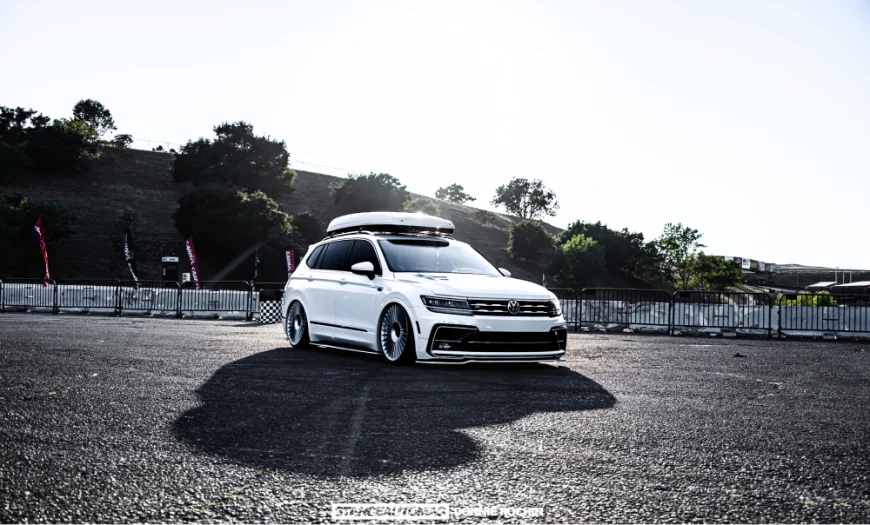 2020 Volkswagen Tiguan build Pure White Rotiform GRZ wheels air suspension custom trunk display