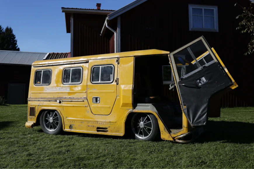 Slammed Volvo Valp Laplander on VW Beetle chassis yellow custom build Sweden BRM wheels