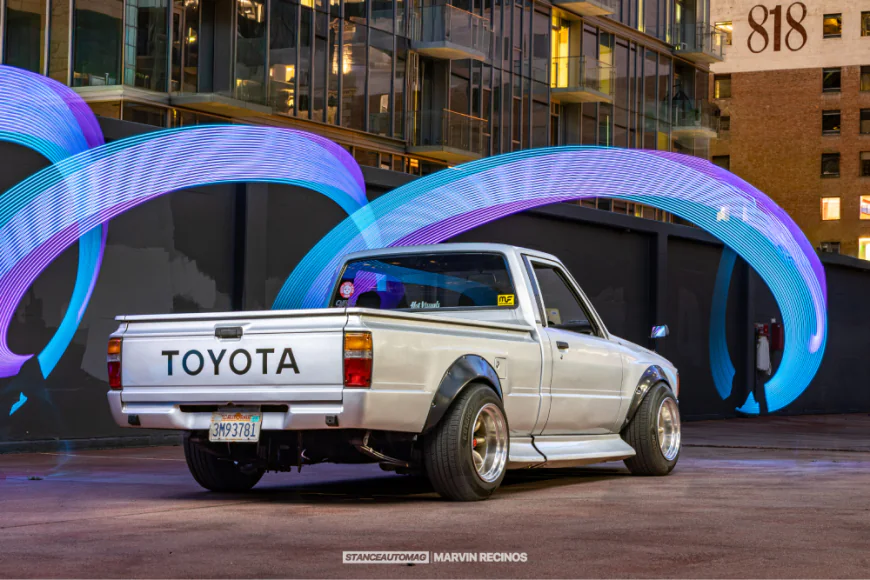 1986 Toyota pickup lowered mini truck 2RZ swap Watanabe wheels Los Angeles custom build