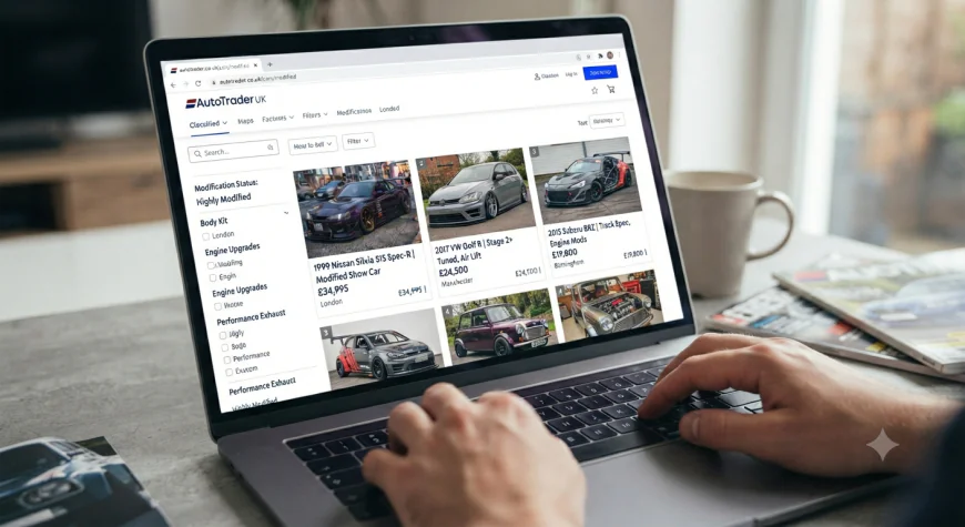 AutoTrader UK website showing modified car listings on a laptop screen