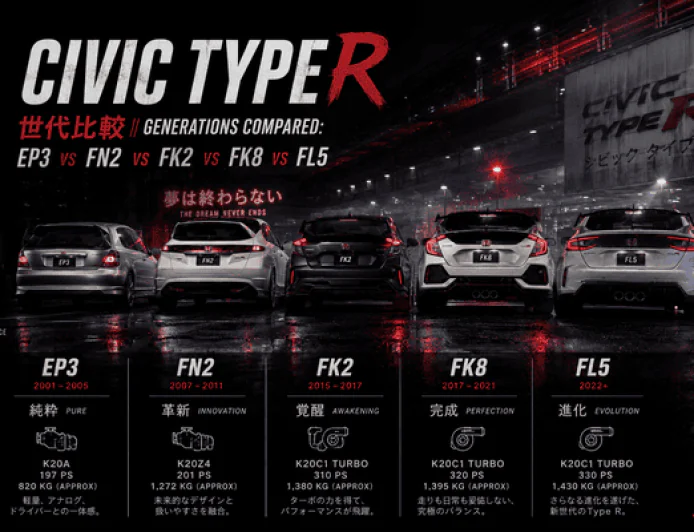 Civic Type R Generations Compared: EP3 vs FN2 vs FK2 vs FK8 vs FL5