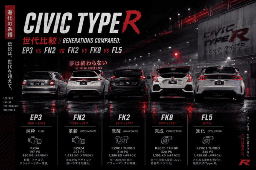 Civic Type R Generations Compared: EP3 vs FN2 vs FK2 vs FK8 vs FL5