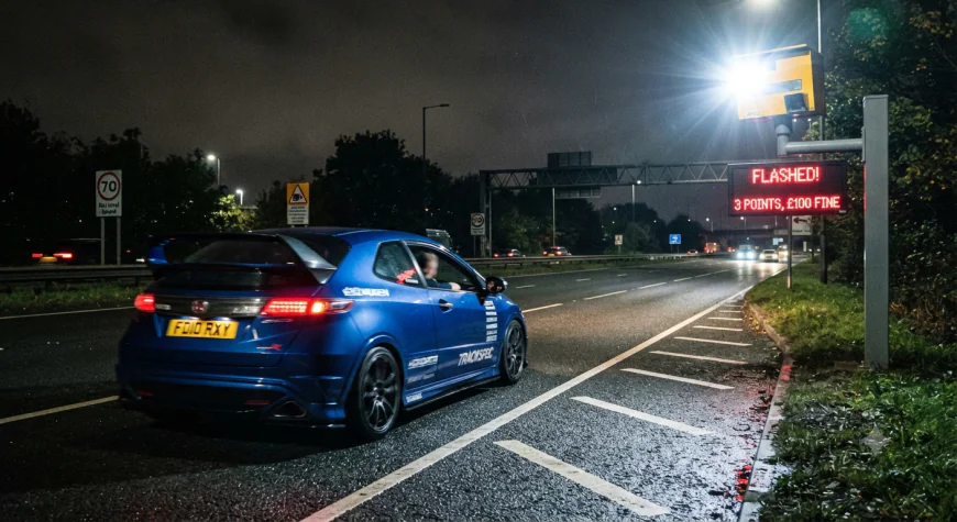 A UK speed camera flashing behind a modified car representing points and insurance risk