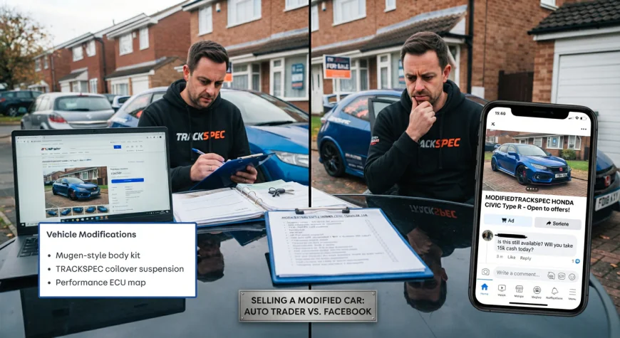 A seller reviewing a checklist before privately selling a modified car in the UK
