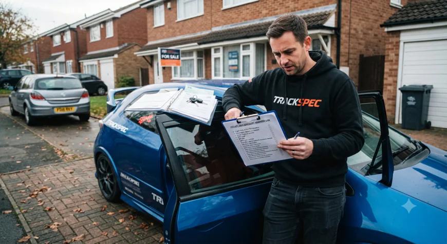 A seller reviewing a checklist before privately selling a modified car in the UK