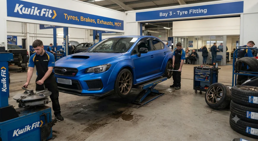 A Kwik Fit garage bay fitting tyres on a modified car
