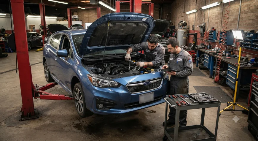 A Halfords Autocentre garage bay working on a car