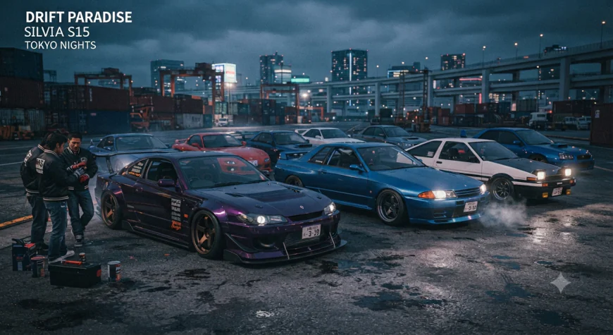 Japanese street racing cars gathered at night representing hashiriya culture