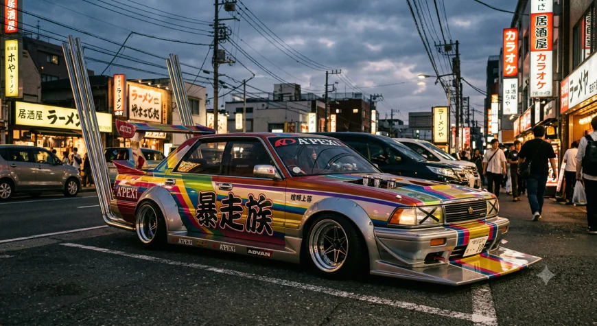 A dramatic Japanese bosozoku style car with extreme bodywork and loud exhaust
